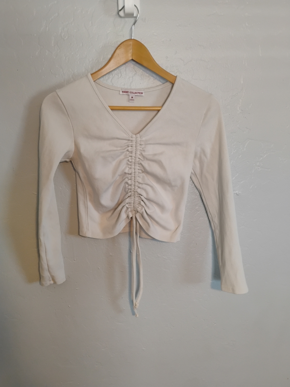 Heiny Collection Womens Beige Ruched Drawstring V-Neck Crop Top Size M